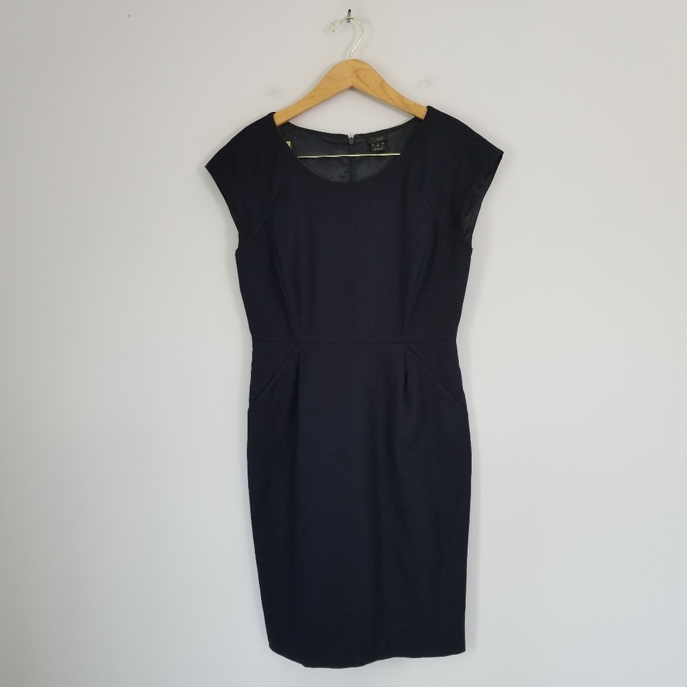 J Crew Sheath Sleeveless Knee Length Career Dress Sz 4 Navy Blue Cotton
